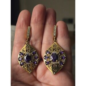 Amethyst Sterling Goldtone Earrings Pierced Dangle CZs Marked 925 Stunning!
